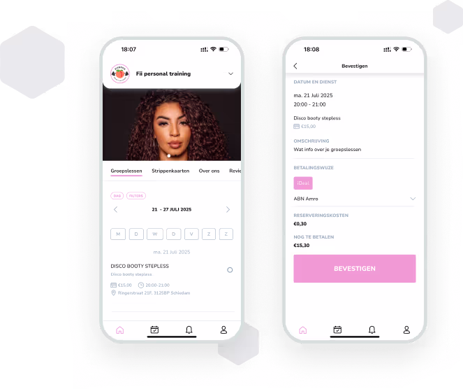 Twee schermweergaven van een fitness-app met trainingsdetails en bevestiging